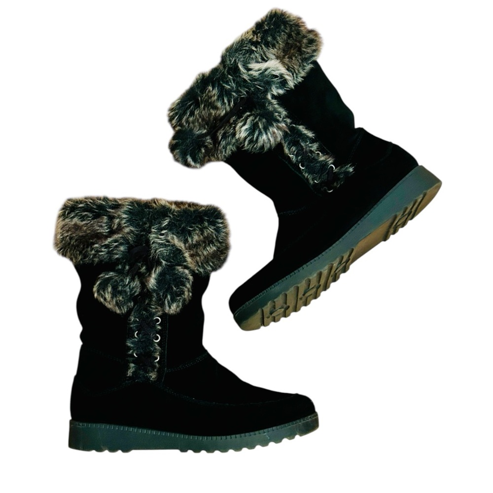 White Mountain Black Suede Boots with Faux Fur Trim Women’s Size 7